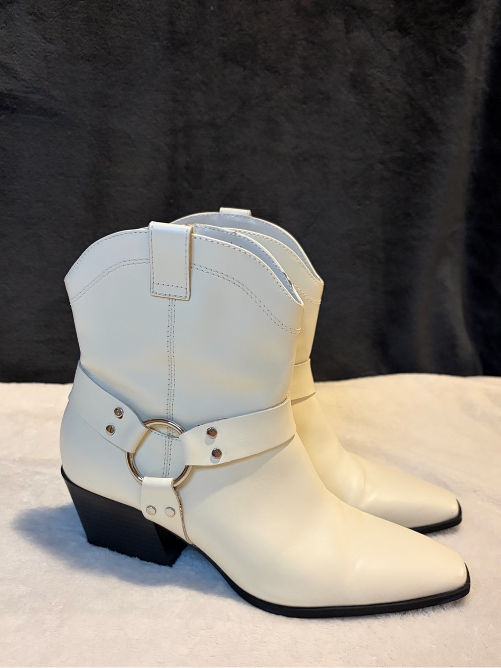 Open Edit- White/ Cream Western Ankle Boots with Ring Harness